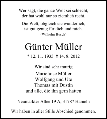Traueranzeige von Günter Müller von Deister- und Weserzeitung