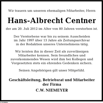 Traueranzeige von Hans-Albrecht Centner Nachruf von Deister- und Weserzeitung