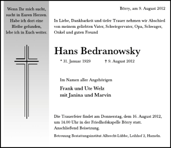 Traueranzeige von Hans Bedranowsky von Deister- und Weserzeitung