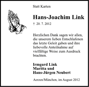 Traueranzeige von Hans-Joachim Link von Deister- und Weserzeitung