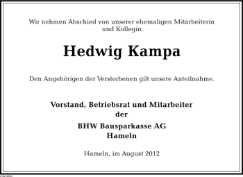 Traueranzeige von Hedwig Kampa von Deister- und Weserzeitung