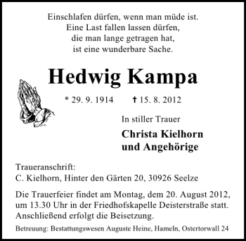 Traueranzeige von Hedwig Kampa von Deister- und Weserzeitung