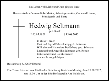 Traueranzeige von Hedwig Seltmann von Deister- und Weserzeitung