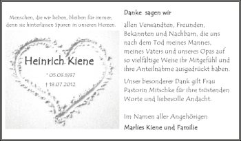 Traueranzeige von Heinrich Kiene von Deister- und Weserzeitung
