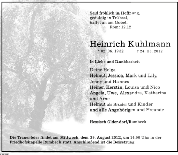 Traueranzeige von Heinrich Kuhlmann von Deister- und Weserzeitung