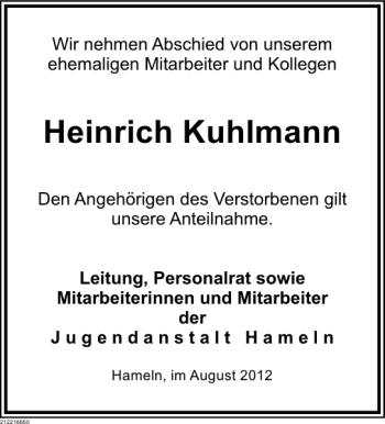 Traueranzeige von Heinrich Kuhlmann von Deister- und Weserzeitung