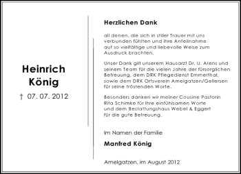 Traueranzeige von Heinrich König von Deister- und Weserzeitung