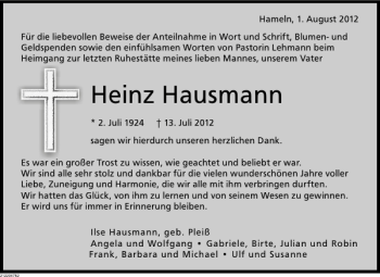 Traueranzeige von Heinz Hausmann von Deister- und Weserzeitung