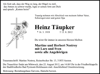 Traueranzeige von Heinz Täupker von Deister- und Weserzeitung