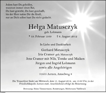 Traueranzeige von Helga Matusczyk von Deister- und Weserzeitung