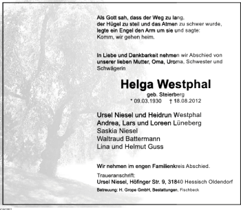Traueranzeige von Helga Westphal von Deister- und Weserzeitung