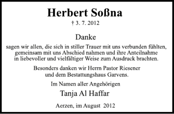 Traueranzeige von Herbert Soßna von Deister- und Weserzeitung