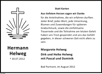 Traueranzeige von Hermann Helweg von Deister- und Weserzeitung