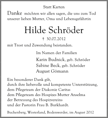 Traueranzeige von Hilde Schröder von Deister- und Weserzeitung