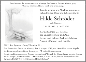 Traueranzeige von Hilde Schröder von Deister- und Weserzeitung