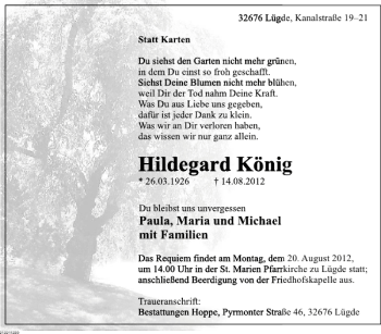 Traueranzeige von Hildegard König von Deister- und Weserzeitung