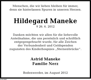 Traueranzeige von Hildegard Maneke von Deister- und Weserzeitung