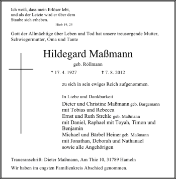 Traueranzeige von Hildegard Maßmann von Deister- und Weserzeitung