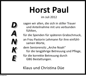 Traueranzeige von Horst Paul von Deister- und Weserzeitung