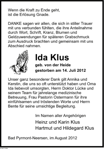 Traueranzeige von Ida Klus von Deister- und Weserzeitung