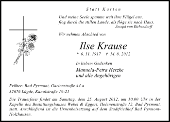 Traueranzeige von Ilse Krause von Deister- und Weserzeitung