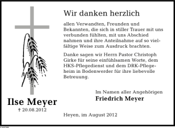 Traueranzeige von Ilse Meyer von Deister- und Weserzeitung