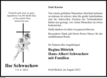 Traueranzeige von Ilse Schwuchow von Deister- und Weserzeitung