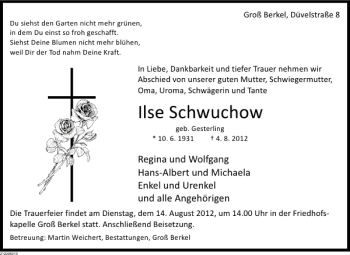 Traueranzeige von Ilse Schwuchow von Deister- und Weserzeitung