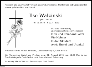 Traueranzeige von Ilse Walzinski von Deister- und Weserzeitung