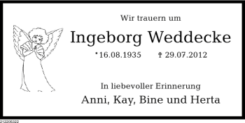 Traueranzeige von Ingeborg Weddecke von Deister- und Weserzeitung