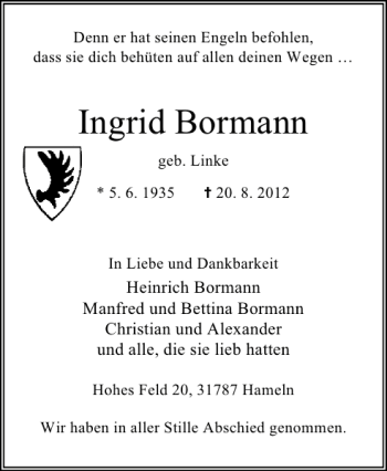Traueranzeige von Ingrid Bormann von Deister- und Weserzeitung