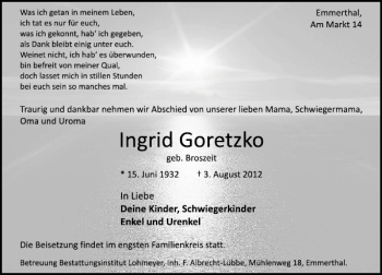 Traueranzeige von Ingrid Goretzko von Deister- und Weserzeitung