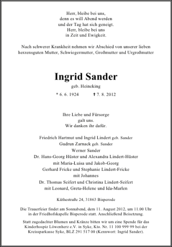 Traueranzeige von Ingrid Sander von Deister- und Weserzeitung