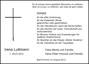 Traueranzeige von Irene Luttmann von Deister- und Weserzeitung