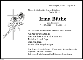 Traueranzeige von Irma Büthe von Deister- und Weserzeitung