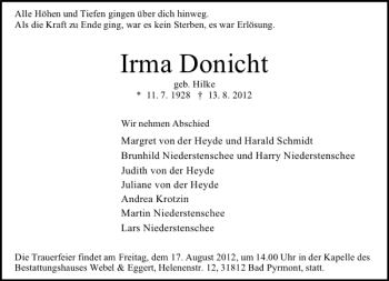 Traueranzeige von Irma Donicht von Deister- und Weserzeitung