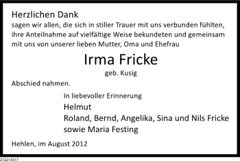 Traueranzeige von Irma Fricke von Deister- und Weserzeitung