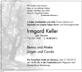 Traueranzeige von Irmgard Keller von Deister- und Weserzeitung