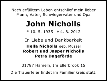 Traueranzeige von John Nicholls von Deister- und Weserzeitung