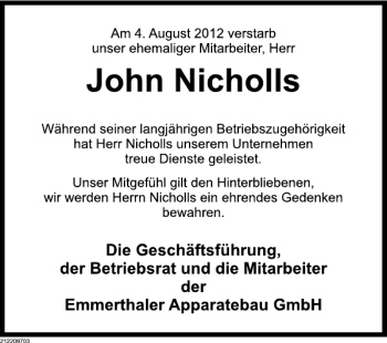Traueranzeige von John Nicholls von Deister- und Weserzeitung