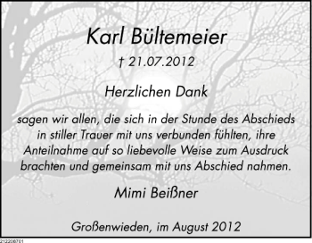 Traueranzeige von Karl Bültemeier von Deister- und Weserzeitung