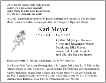 Traueranzeige von Karl Meyer von Deister- und Weserzeitung