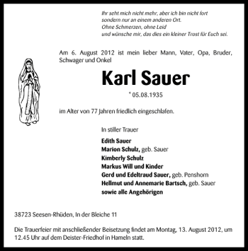 Traueranzeige von Karl Sauer von Deister- und Weserzeitung