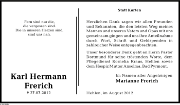 Traueranzeige von Karl Hermann Frerich von Deister- und Weserzeitung