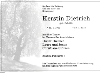 Traueranzeige von Kerstin Dietrich von Deister- und Weserzeitung