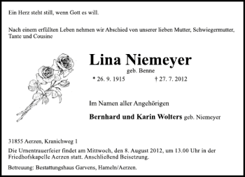 Traueranzeige von Lina Niemeyer von Deister- und Weserzeitung