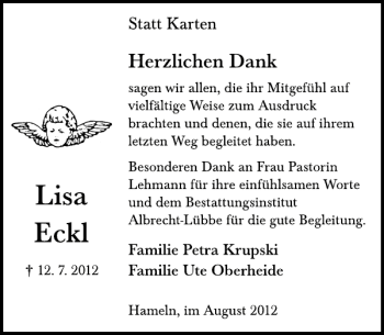 Traueranzeige von Lisa Eckl von Deister- und Weserzeitung