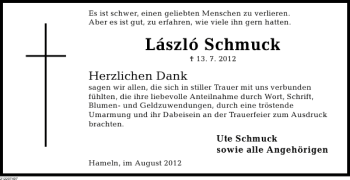 Traueranzeige von L szl Schmuck von Deister- und Weserzeitung
