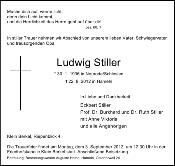 Traueranzeige von Ludwig Stiller von Deister- und Weserzeitung