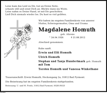 Traueranzeige von Magdalene Homuth von Deister- und Weserzeitung